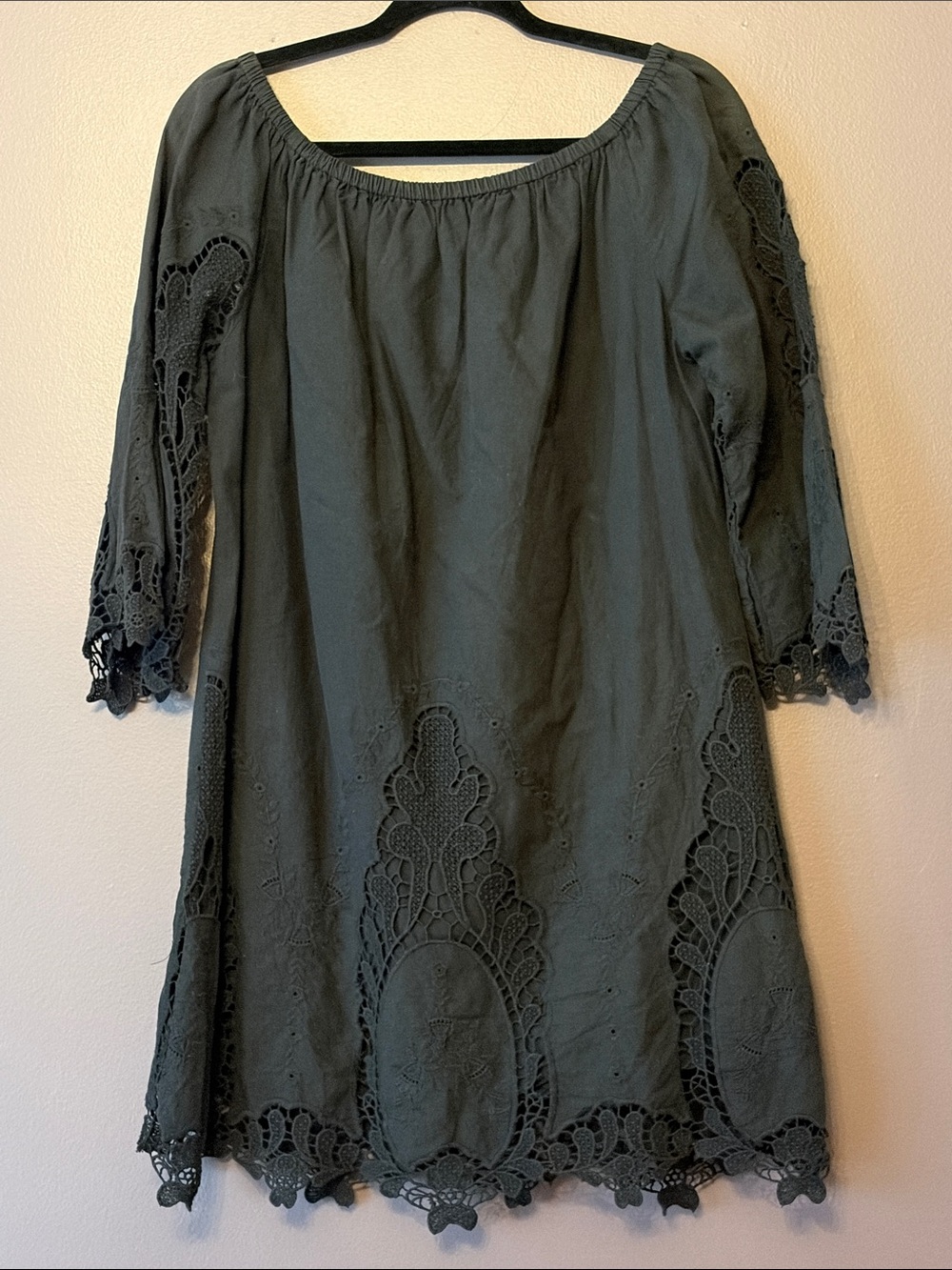 Cliche Black Cotton with Lace Embroidered Sleeves Off the Shoulder Dress Large